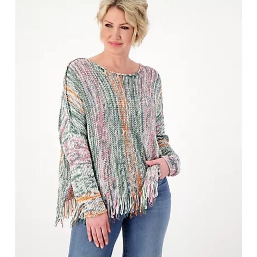 Laurie Felt Oversized Baja Sweater with Fringe Hem Detail Size M/L Boho New